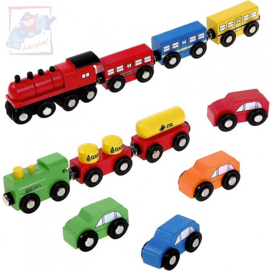 Set 3 in 1 Trenulete Loomotive Vagoane de Calatori si de Marfa plus set masinte din lemn cu cuplaj magnetic