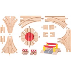 Set Accesorii pentru trenulete din lemn sine de interconectare macaz 3 intrari Platforma-rotitoare Trecere cu bariere Toys4Kids