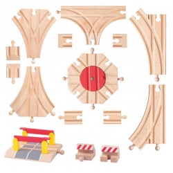 Set Accesorii pentru trenulete din lemn sine de interconectare macaz 3 intrari Platforma-rotitoare Trecere cu bariere Toys4Kids