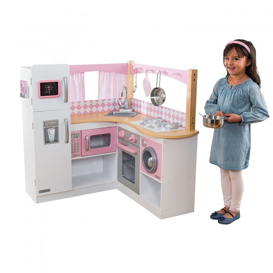 Bucatarie de joaca alb cu roz Grand Gourmet Corner Kitchen Kidkraft