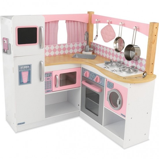 Bucatarie de joaca alb cu roz Grand Gourmet Corner Kitchen Kidkraft