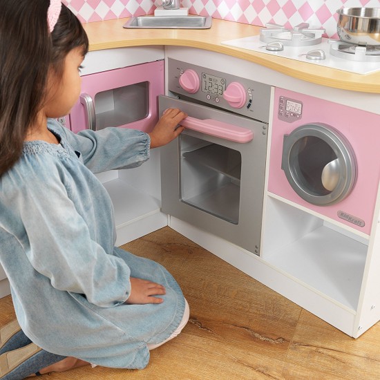 Bucatarie de joaca alb cu roz Grand Gourmet Corner Kitchen Kidkraft