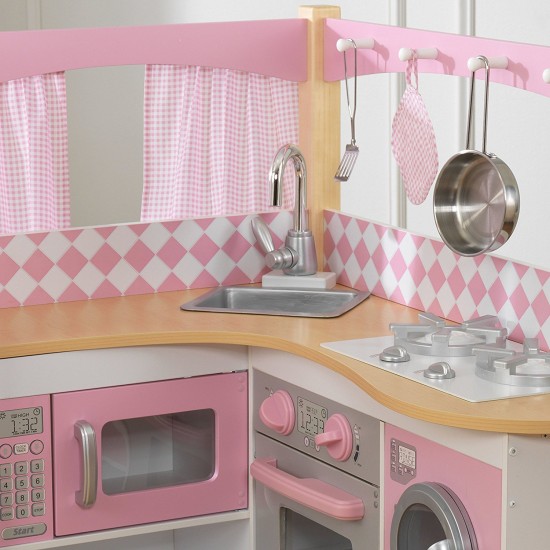Bucatarie de joaca alb cu roz Grand Gourmet Corner Kitchen Kidkraft