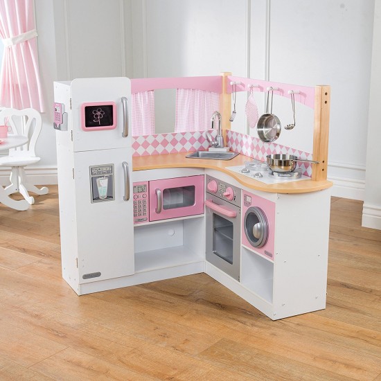 Bucatarie de joaca alb cu roz Grand Gourmet Corner Kitchen Kidkraft