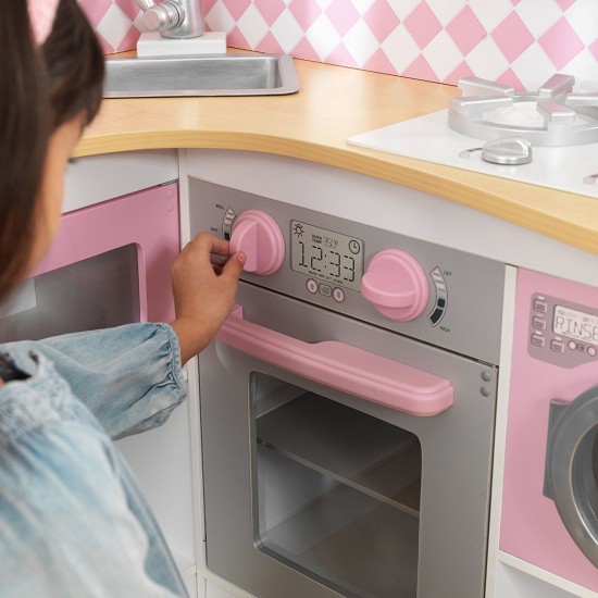 Bucatarie de joaca alb cu roz Grand Gourmet Corner Kitchen Kidkraft