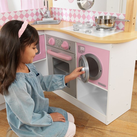 Bucatarie de joaca alb cu roz Grand Gourmet Corner Kitchen Kidkraft