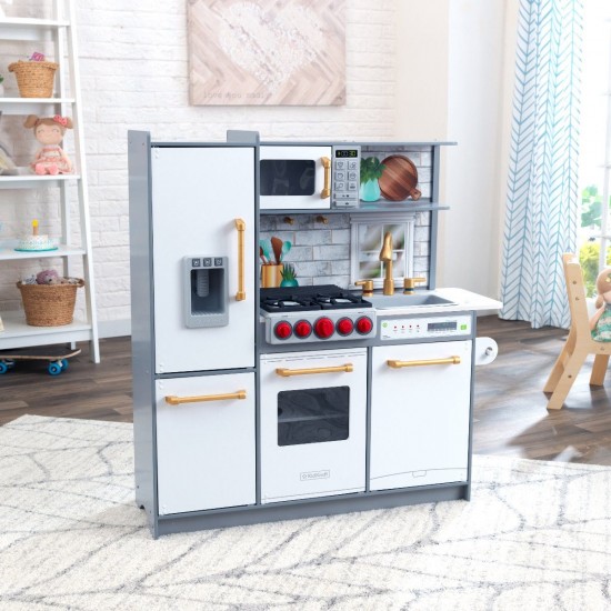 Bucatarie alba de joaca Uptown Espresso ELITE White Kitchen Kidkraft cu lumini si sunete si senzor de miscare