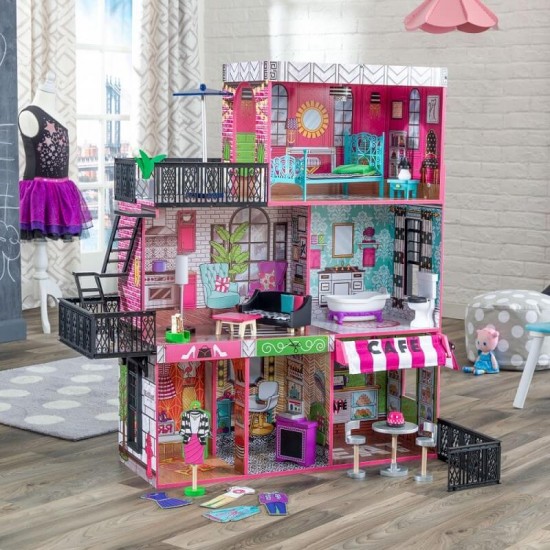 Casuta de papusi mobilata din lemn pentru fetite Brooklyn Loft Kidkraft