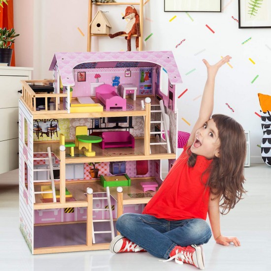 Casa de papusi din lemn MDF - Wooden Dollhouse cu patru etaje si mobilier inclus