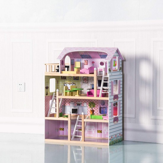 Casa de papusi din lemn MDF - Wooden Dollhouse cu patru etaje si mobilier inclus