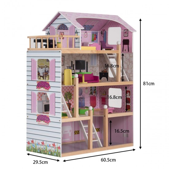 Casa de papusi din lemn MDF - Wooden Dollhouse cu patru etaje si mobilier inclus