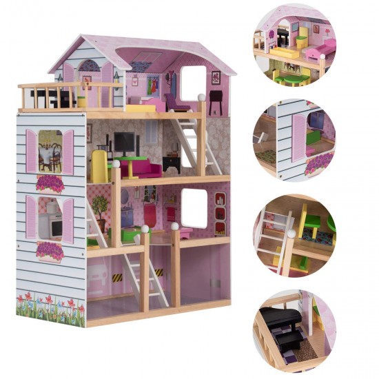Casa de papusi din lemn MDF - Wooden Dollhouse cu patru etaje si mobilier inclus