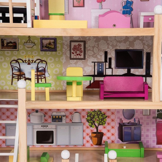 Casa de papusi din lemn MDF - Wooden Dollhouse cu patru etaje si mobilier inclus