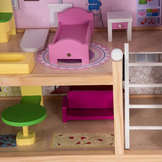 Casa de papusi din lemn MDF - Wooden Dollhouse cu patru etaje si mobilier inclus
