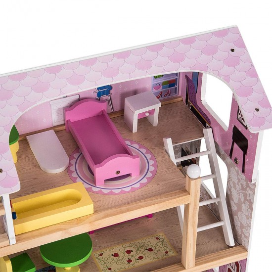 Casa de papusi din lemn MDF - Wooden Dollhouse cu patru etaje si mobilier inclus