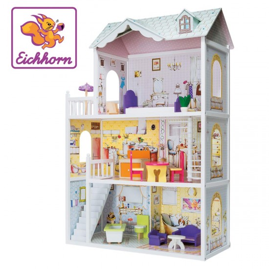 Casa de papusi din lemn MDF - Eichhorn Dollhouse 123 cm cu trei etaje mobilata complet