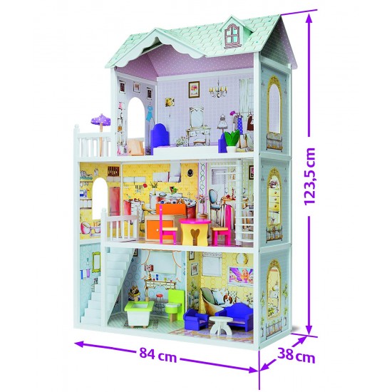 Casa de papusi din lemn MDF - Eichhorn Dollhouse 123 cm cu trei etaje mobilata complet