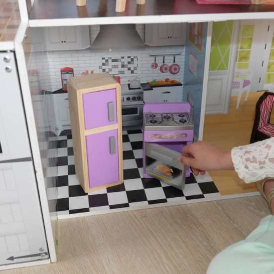 Casuta pentru papusi uriasa Grand Country Estate 2 KidKraft cu sunete si lumini cu 150 cm latime si 135 cm inaltime