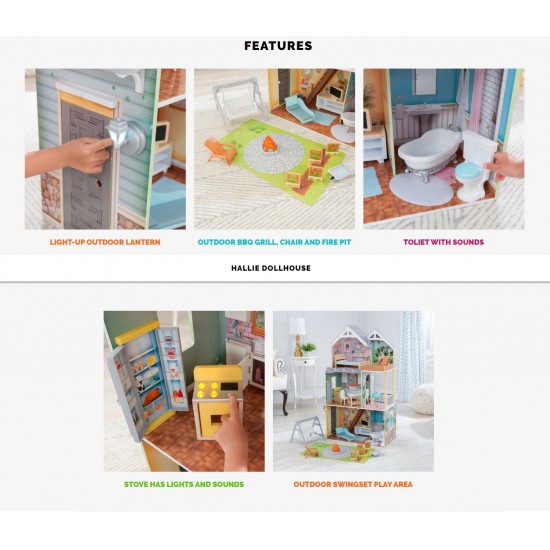 Casuta de papusi  Halie Dollhouse Kidkraft din lemn cu sunete, lumini si frigider care se deschide