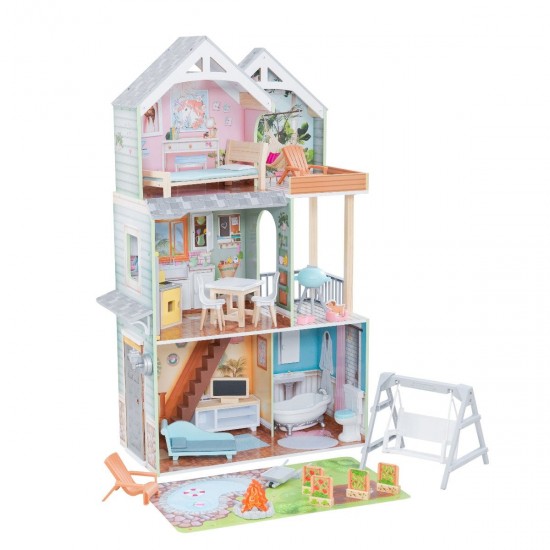 Casuta de papusi  Halie Dollhouse Kidkraft din lemn cu sunete, lumini si frigider care se deschide