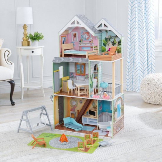 Casuta de papusi  Halie Dollhouse Kidkraft din lemn cu sunete, lumini si frigider care se deschide