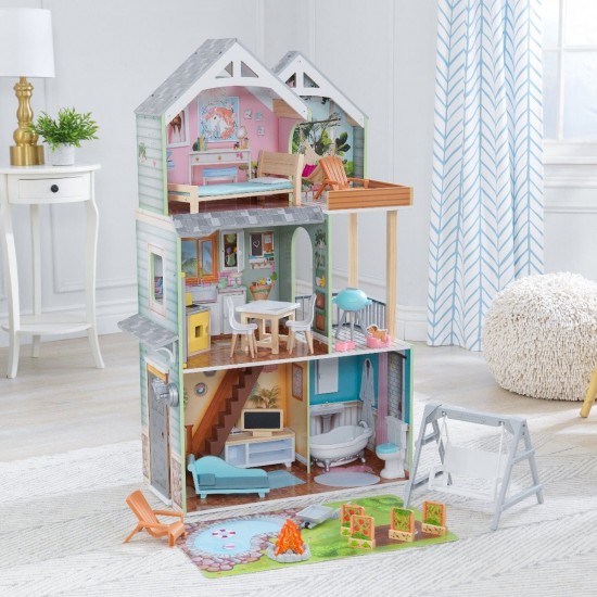 Casuta de papusi  Halie Dollhouse Kidkraft din lemn cu sunete, lumini si frigider care se deschide