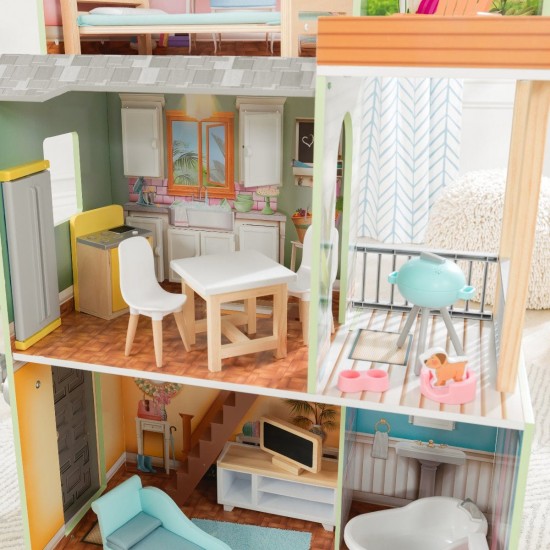 Casuta de papusi  Halie Dollhouse Kidkraft din lemn cu sunete, lumini si frigider care se deschide