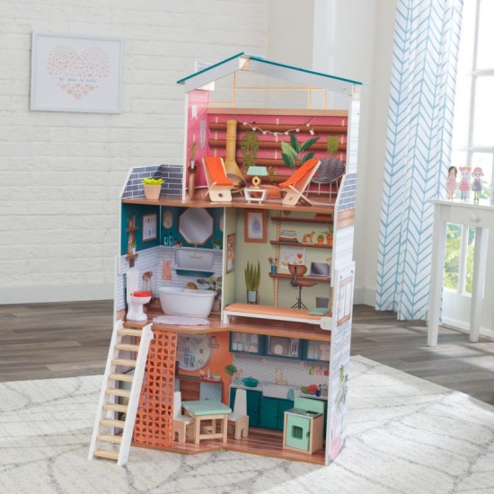 Casuta de papusi din lemn Marlow Dollhouse EZ Kraft Assembly cu lumini sunete si pat rabatabil Kidkraft