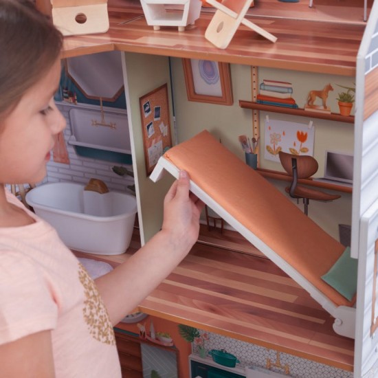Casuta de papusi din lemn Marlow Dollhouse EZ Kraft Assembly cu lumini sunete si pat rabatabil Kidkraft
