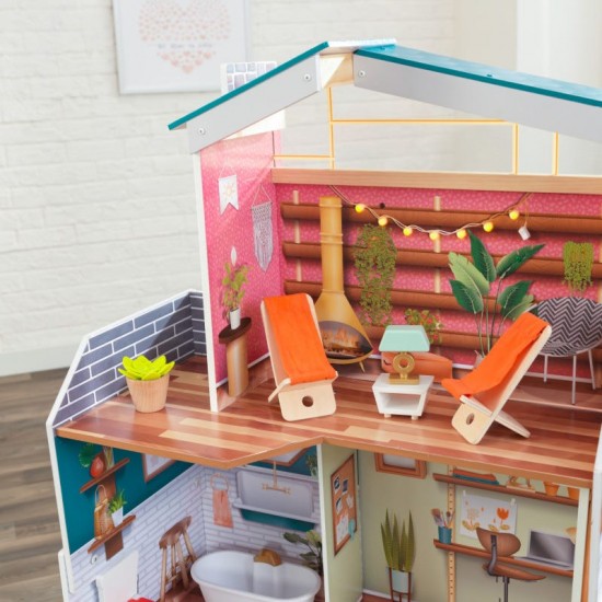 Casuta de papusi din lemn Marlow Dollhouse EZ Kraft Assembly cu lumini sunete si pat rabatabil Kidkraft