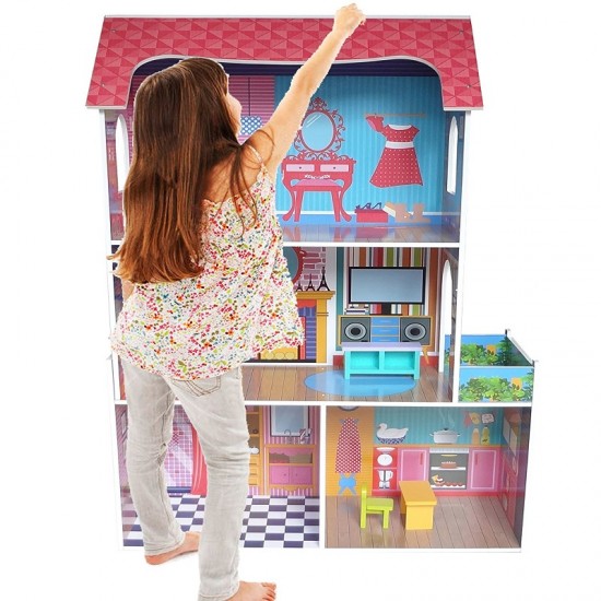 Casuta de papusi Tall Town DollHouse  din lemn cu 3 etaje si mobilier 