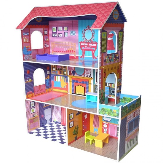 Casuta de papusi Tall Town DollHouse  din lemn cu 3 etaje si mobilier 