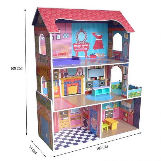 Casuta de papusi Tall Town DollHouse  din lemn cu 3 etaje si mobilier 