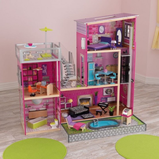 Casuta de papusi din lemn Uptown DollHouse KidKraft cu piscina cu apa