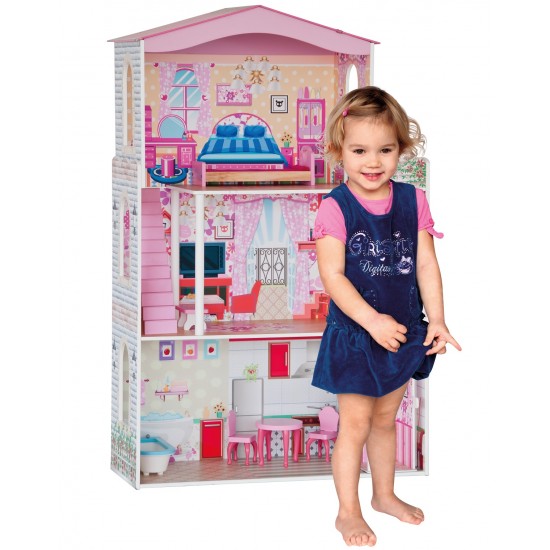 Casa de papusi din lemn MDF - Woodyland Dollhouse  cu lift 116 cm  trei etaje cu mobilier inclus
