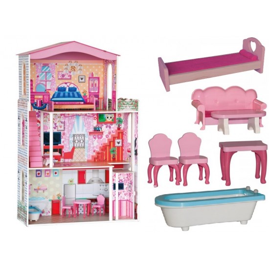 Casa de papusi din lemn MDF - Woodyland Dollhouse  cu lift 116 cm  trei etaje cu mobilier inclus