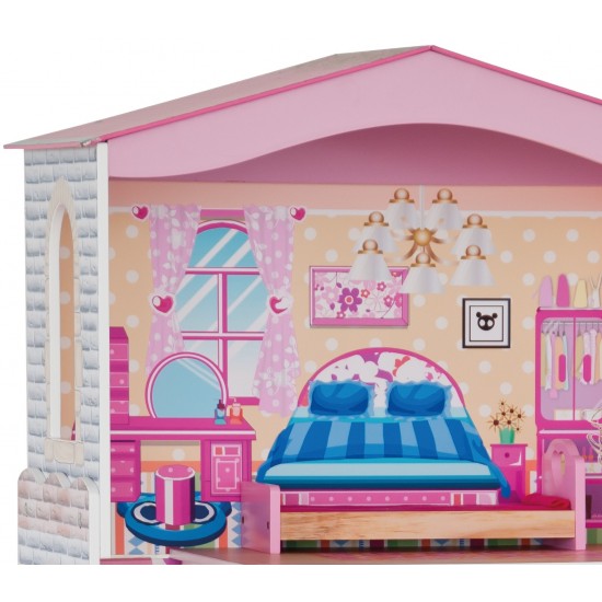 Casa de papusi din lemn MDF - Woodyland Dollhouse  cu lift 116 cm  trei etaje cu mobilier inclus