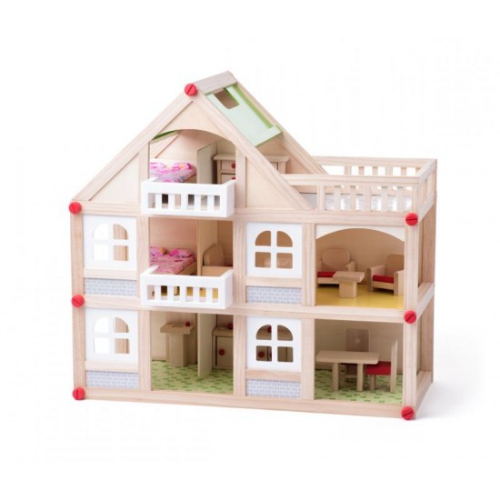 Casuta din lemn natur P+2 cu anexa, balcoane si terasa cu mobilier si accesorii incluse 