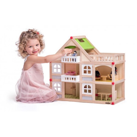 Casuta din lemn natur P+2 cu anexa, balcoane si terasa cu mobilier si accesorii incluse 
