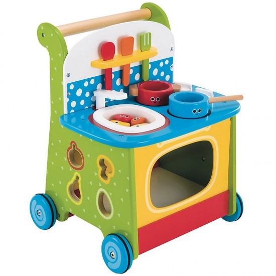 Antemergator din lemn cu multiactivitati Bucatarile Mobila cu roti silentioase - Culoare Albastru-Portocaliu
