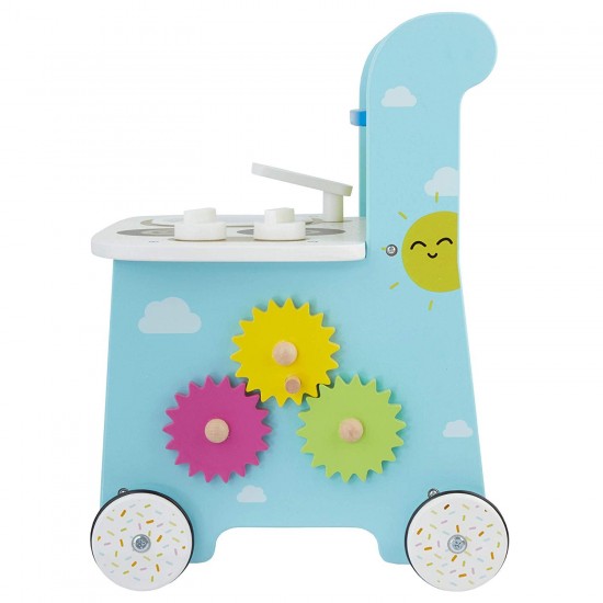 Antemergator din lemn cu multiactivitati Bucatarile Mobila cu roti silentioase - Culoare Albastru-Galben