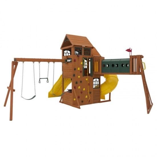 Complex de joaca din cedru Adventure Ridgs Payset KidKraft - Centru cu trei tobogane si 2 nivele - Cedar Summit PlayCentre