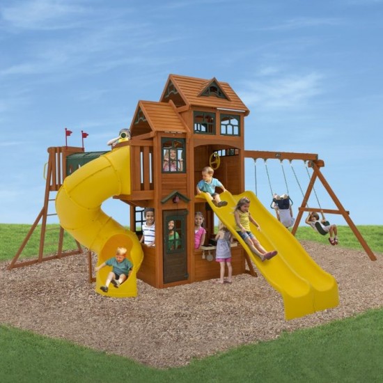 Complex de joaca din cedru Adventure Ridgs Payset KidKraft - Centru cu trei tobogane si 2 nivele - Cedar Summit PlayCentre