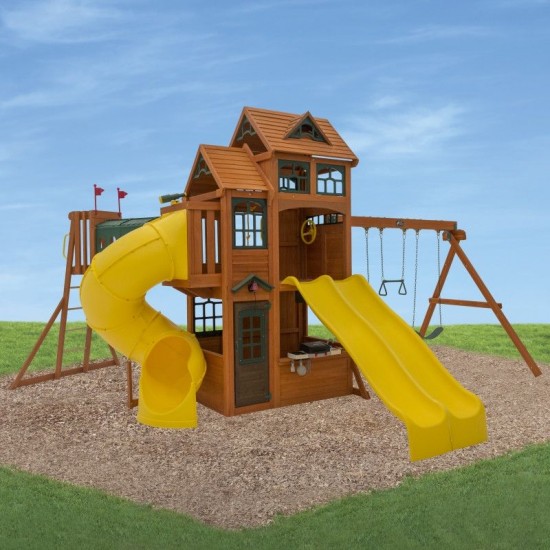 Complex de joaca din cedru Adventure Ridgs Payset KidKraft - Centru cu trei tobogane si 2 nivele - Cedar Summit PlayCentre