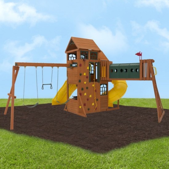 Complex de joaca din cedru Adventure Ridgs Payset KidKraft - Centru cu trei tobogane si 2 nivele - Cedar Summit PlayCentre