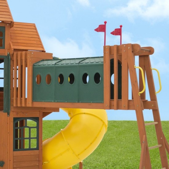 Complex de joaca din cedru Adventure Ridgs Payset KidKraft - Centru cu trei tobogane si 2 nivele - Cedar Summit PlayCentre