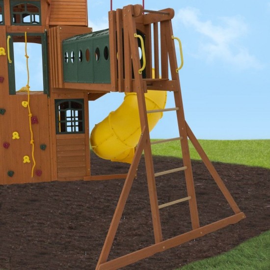 Complex de joaca din cedru Adventure Ridgs Payset KidKraft - Centru cu trei tobogane si 2 nivele - Cedar Summit PlayCentre