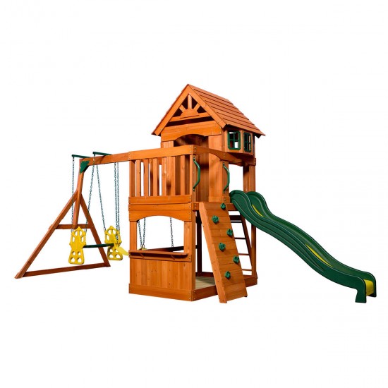 Complex de Joaca din lemn de cedru Atlantis PLAY- Centru outdoor pentru copii cu tobogan si 2 nivele Atlantic Playset Backyard Discovery 