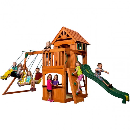 Complex de Joaca din lemn de cedru Atlantis PLAY- Centru outdoor pentru copii cu tobogan si 2 nivele Atlantic Playset Backyard Discovery 