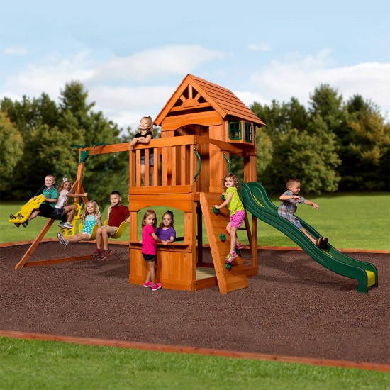 Complex de Joaca din lemn de cedru Atlantis PLAY- Centru outdoor pentru copii cu tobogan si 2 nivele Atlantic Playset Backyard Discovery 